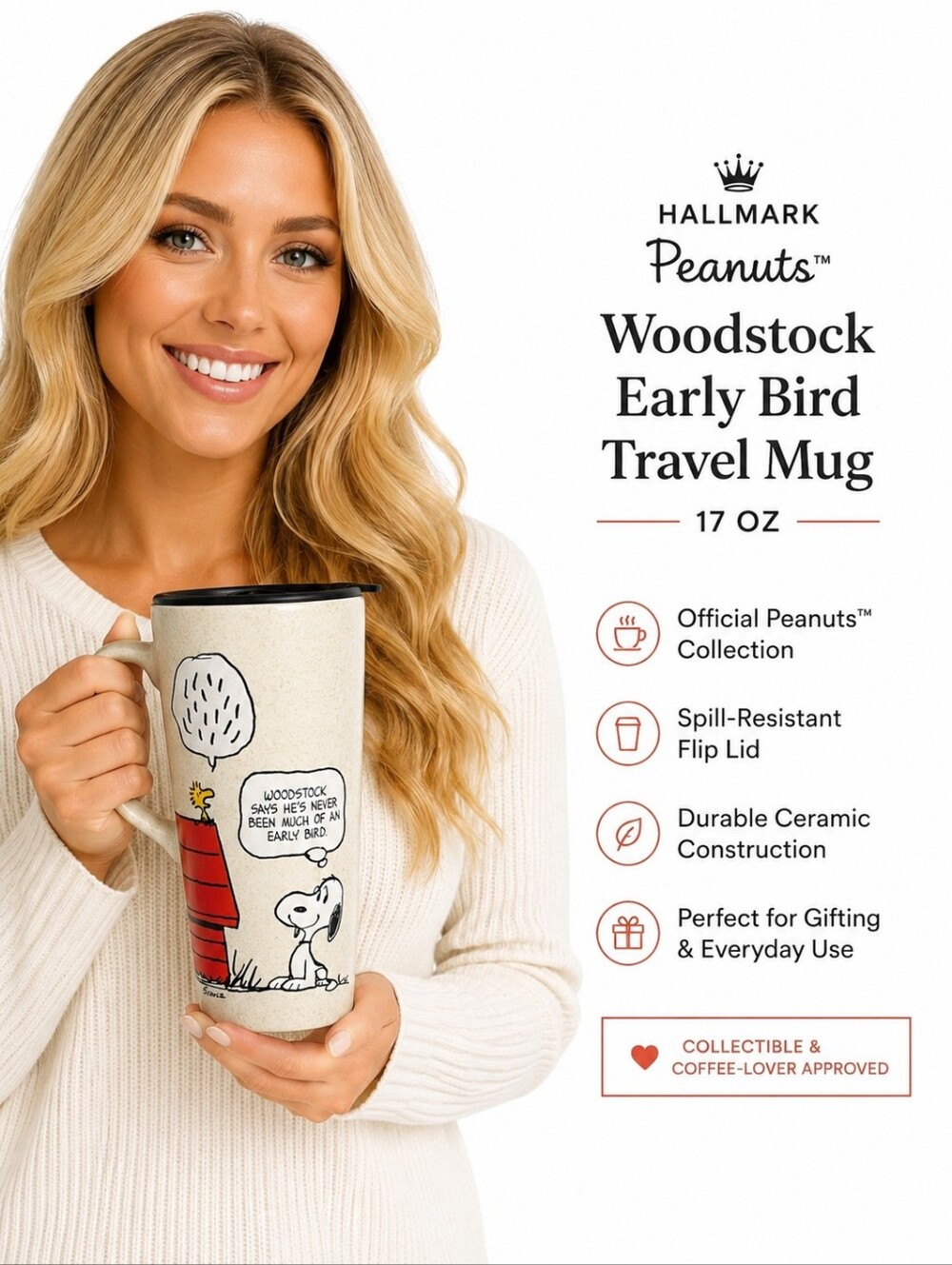 Hallmark Peanuts Snoopy & Woodstock Ceramic Travel Mug with Lid